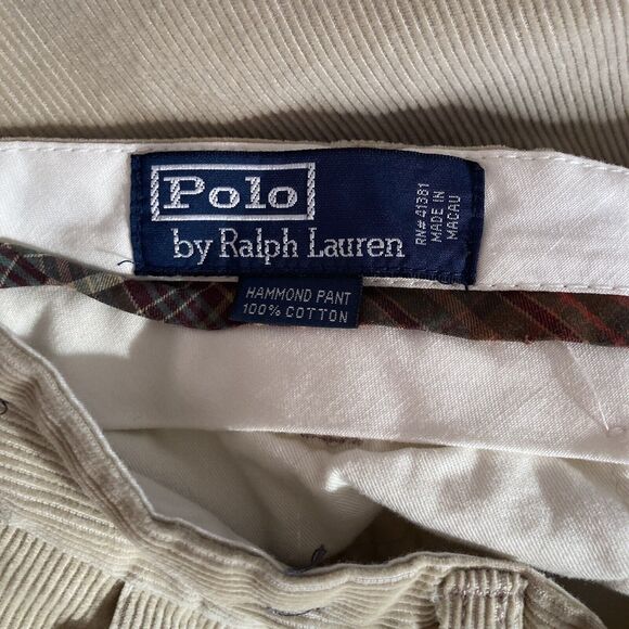 Polo Ralph Lauren Mens Hammond Pants Corduroy Beige 36x32 Pleated Cuffed Hem - Picture 8 of 9